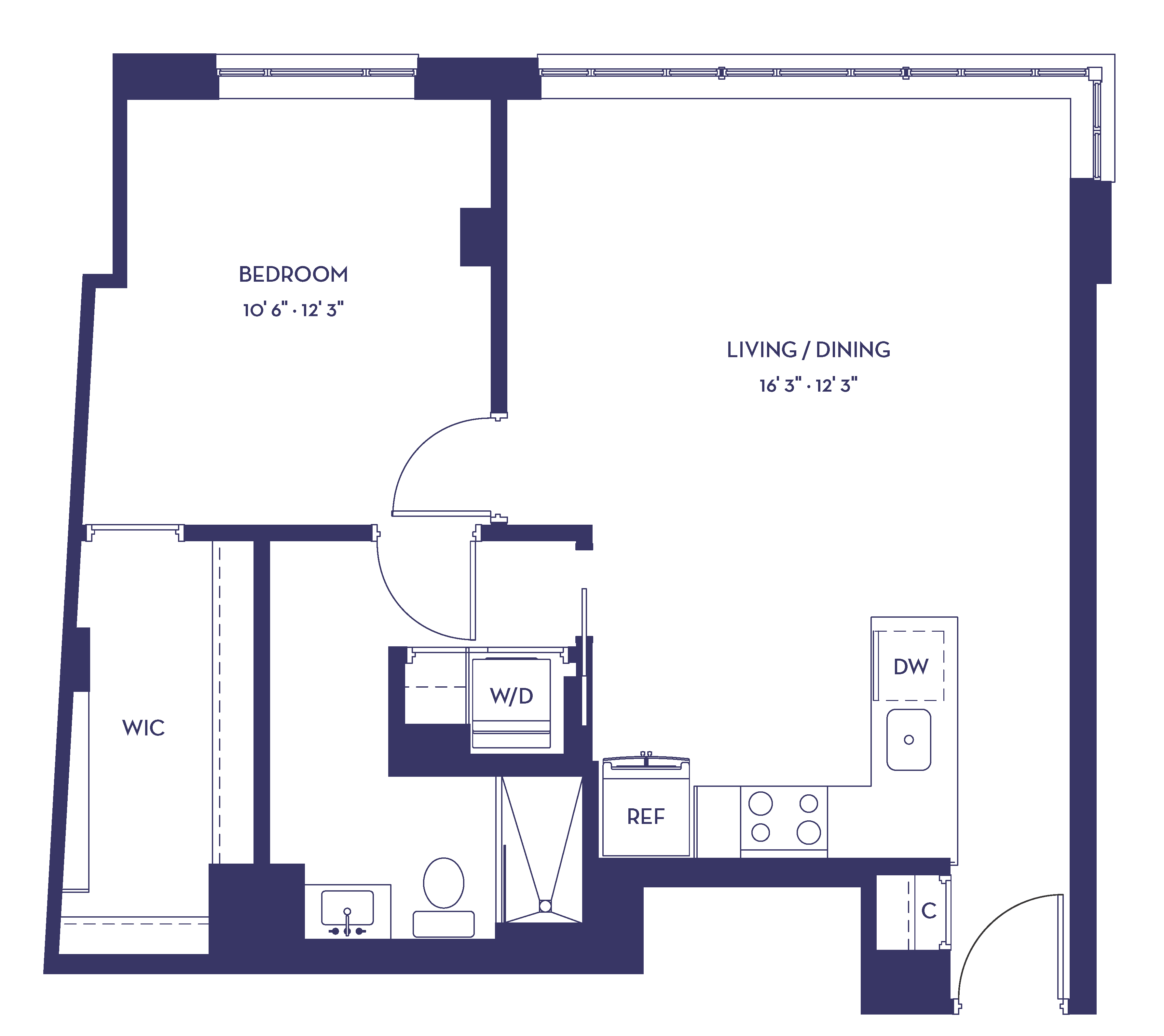 Floor plan for 1 bed, 1 bath, 687 sqft